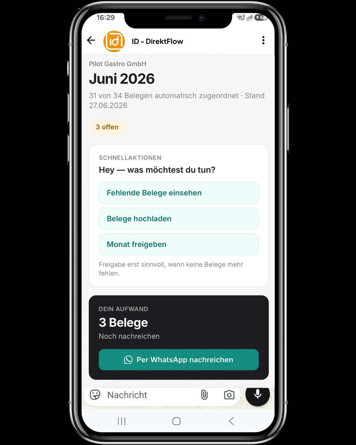 WhatsApp: Monatsstatus und Schnellaktionen zur Buchhaltung