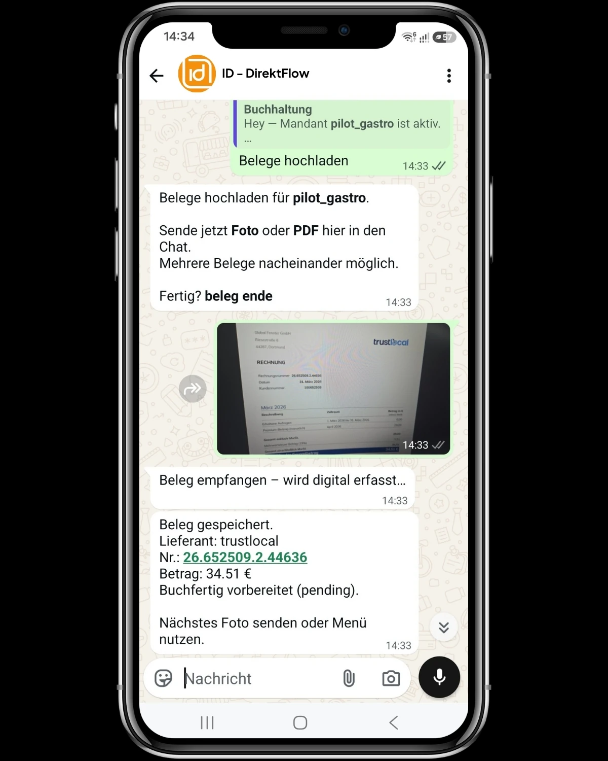 WhatsApp: Beleg per Foto hochladen und Bestätigung
