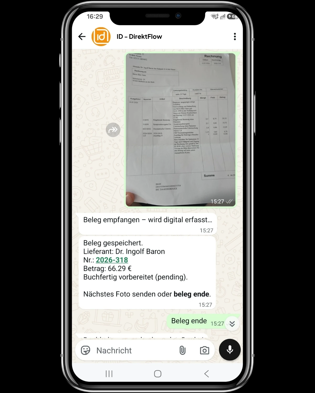 WhatsApp: Beleg automatisch erfasst mit Lieferant und Betrag