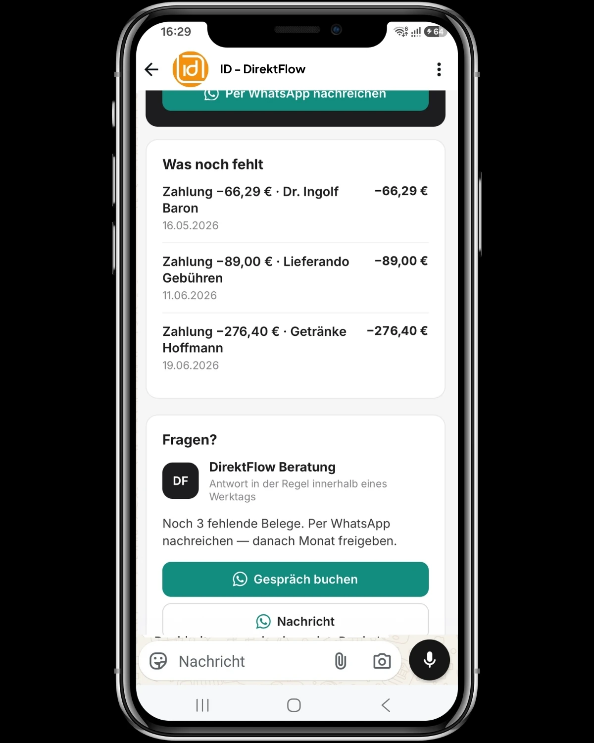 WhatsApp: Liste fehlender Belege zum Nachreichen