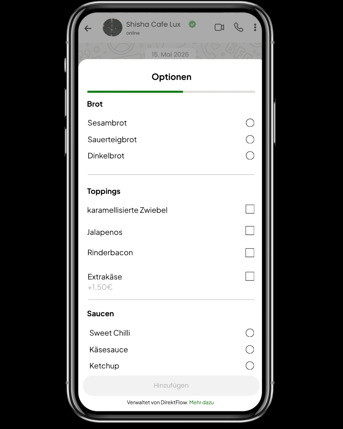 WhatsApp: Beilagen, Toppings und Saucen wählen